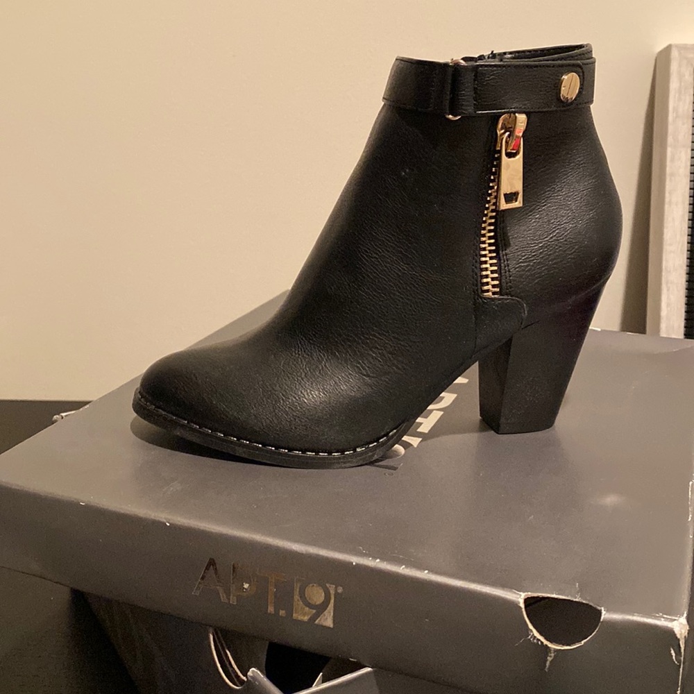 New Apt 9 Booties in Black with gold accents. Brand new, never worn shoes